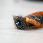 Close-up of a vacuum cleaner's brush bar with some matted hair caught in the bristles