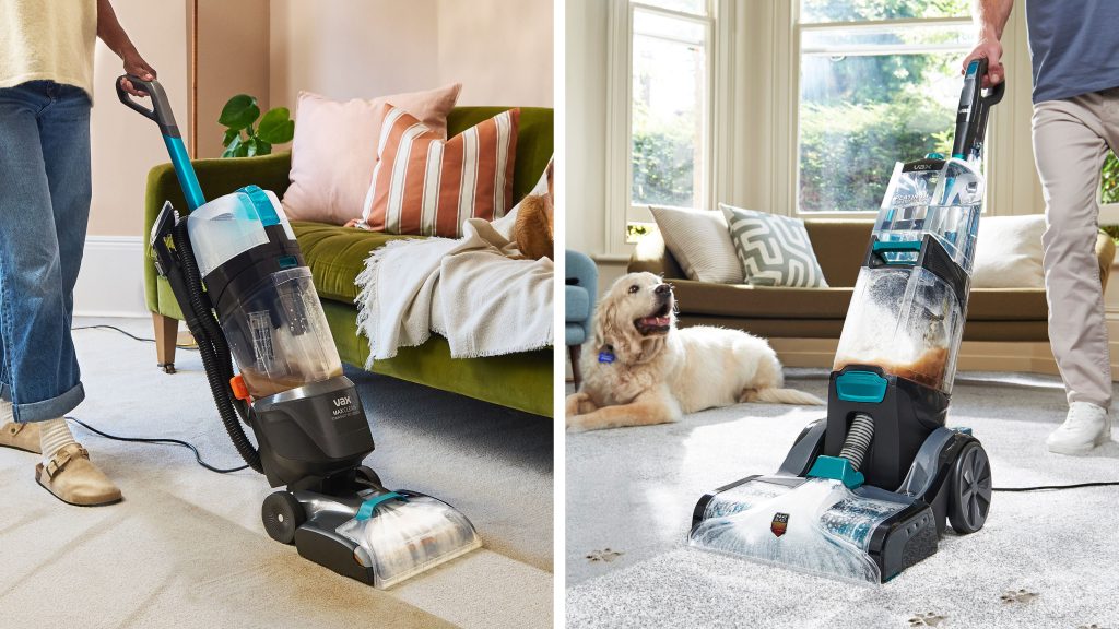 Side by side comparison pictures of using Smartwash and MAXClean carpet cleaners being used