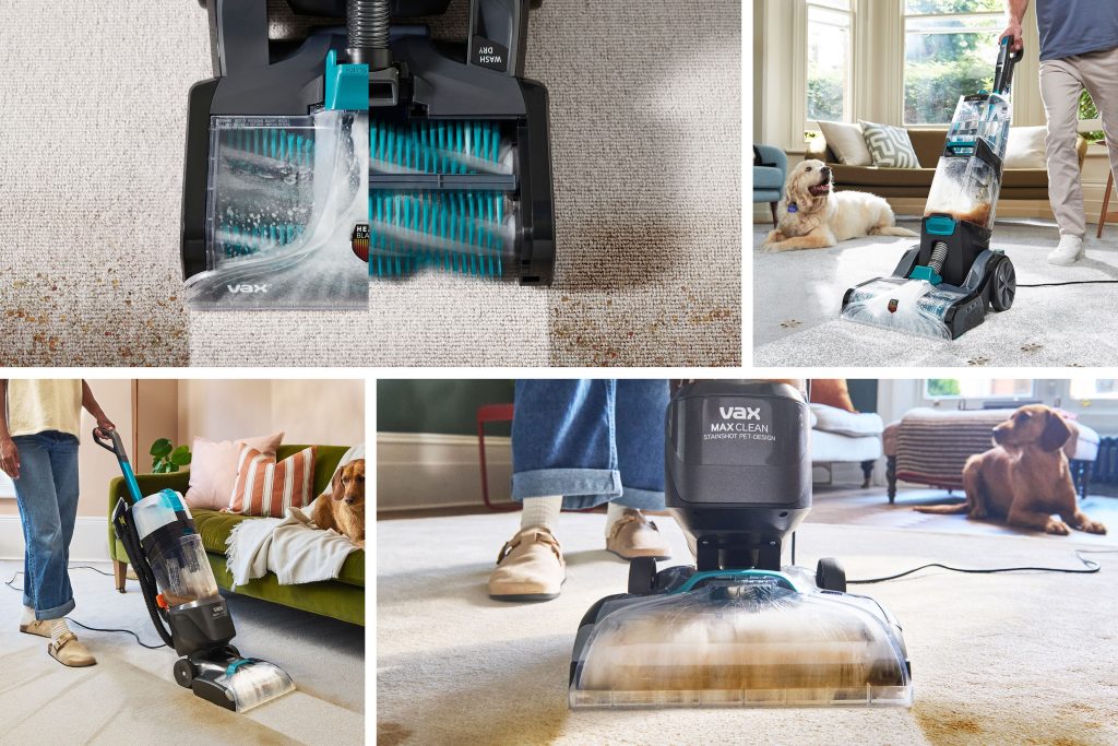 Collage of Vax MAXClean shots showing a carpet cleaner in action